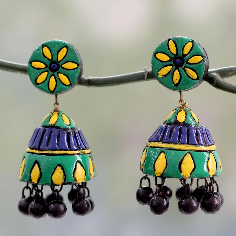 Best hoop earrings with sparkling cubic zirconia for a brilliant, budget-friendly effect-Festive Sunflowers Unique Ceramic Dangle Earrings Handmade in India