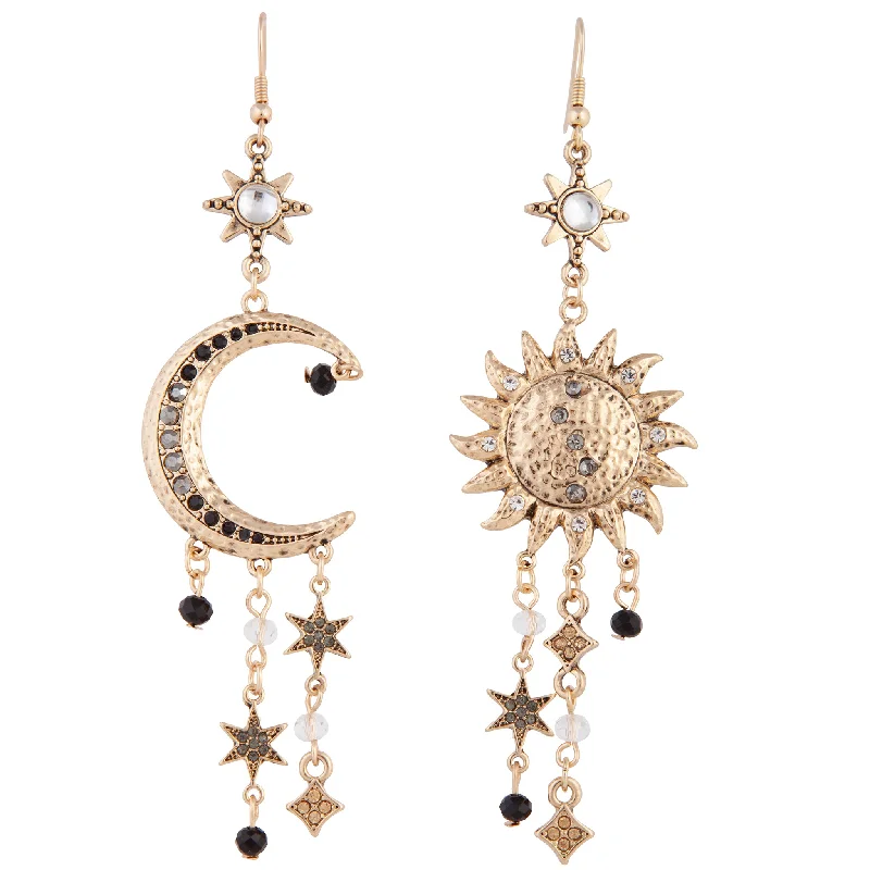 Best hoop earrings with gold-plated finishes for an affordable luxury vibe-Antique Gold Celestial Grey Black Gem Earrings