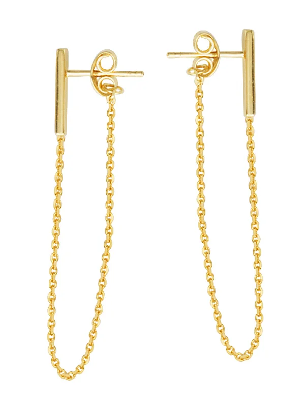 Hoop earrings with circle designs for a classic and timeless shape-Front Back Chain Staple Bar Earrings 14k Yellow Gold