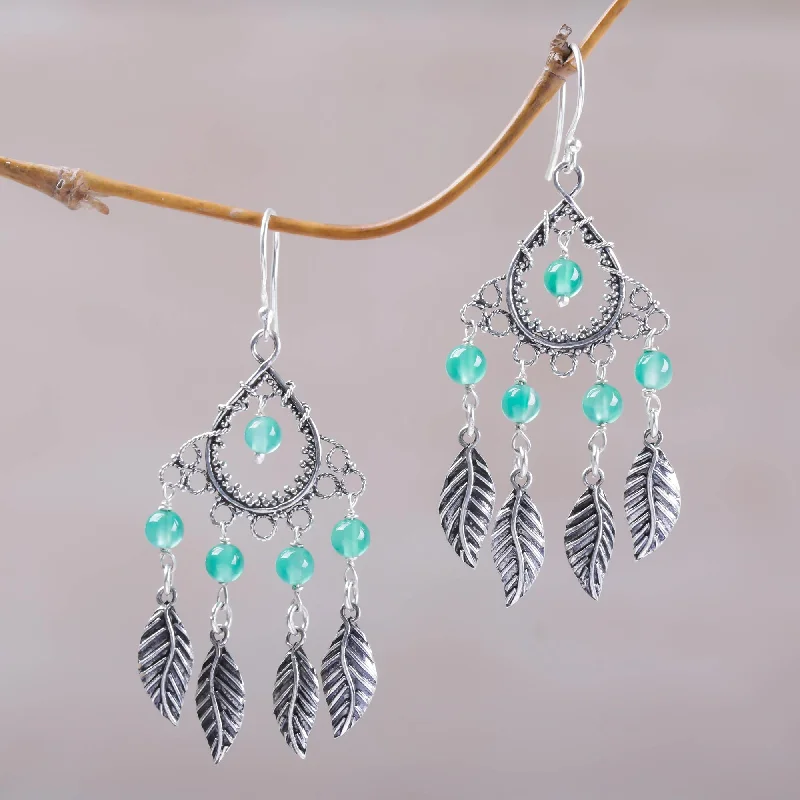 Hoop earrings with polished silver finish for a shiny, modern appeal-Garden Leaves Sterling Silver and Agate Leaf Chandelier Earrings from Bali