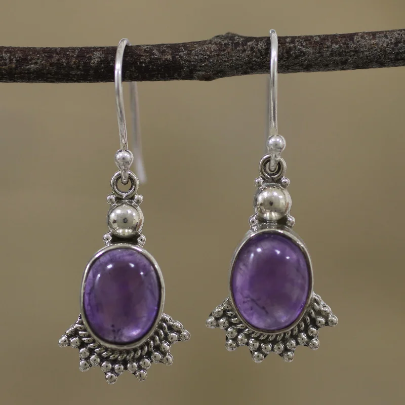 Best hoop earrings with crescent-shaped designs for a bold, moon-inspired style-Gleaming Fans Fan-Shaped Purple Amethyst Dangle Earrings from India