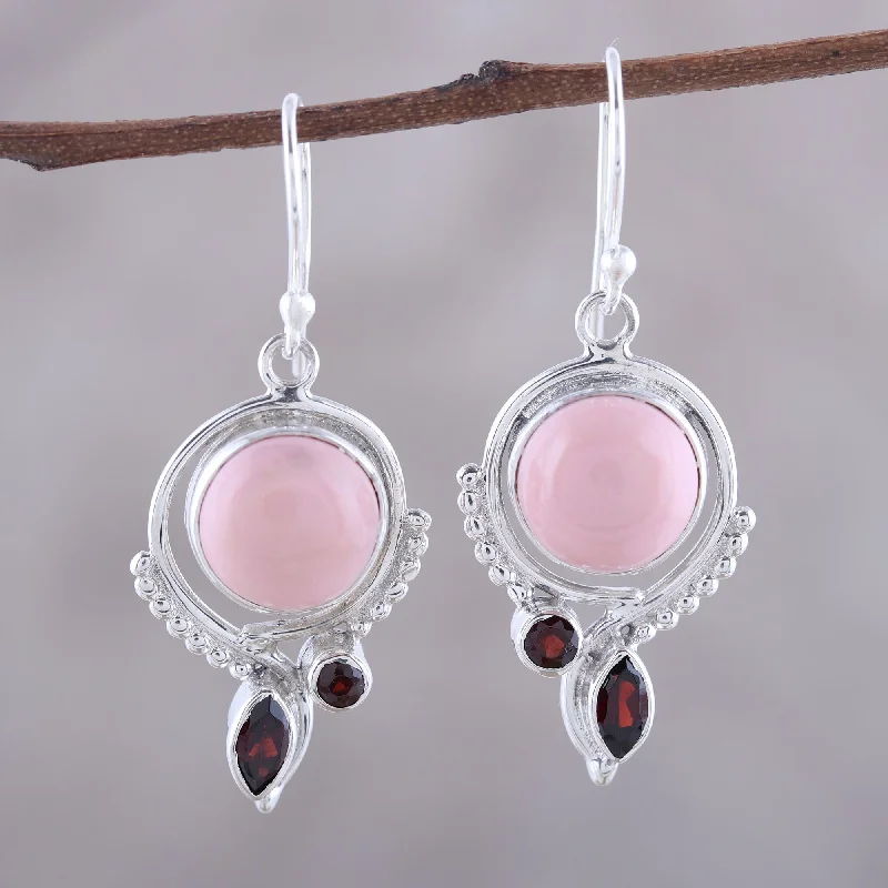 Hoop earrings with resin accents for a bold and colorful design-Glory in Pink Opal and Garnet Dangle Earrings from India