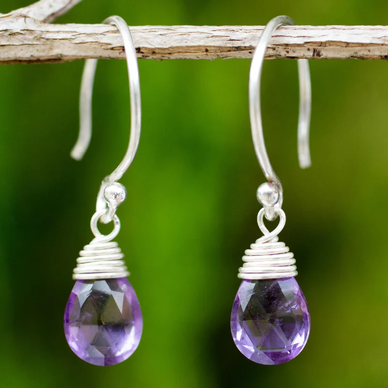 Best hoop earrings with twisted rope designs for a nautical-inspired style-Glowing Exotic Silver and Amethyst Damgle Earrings