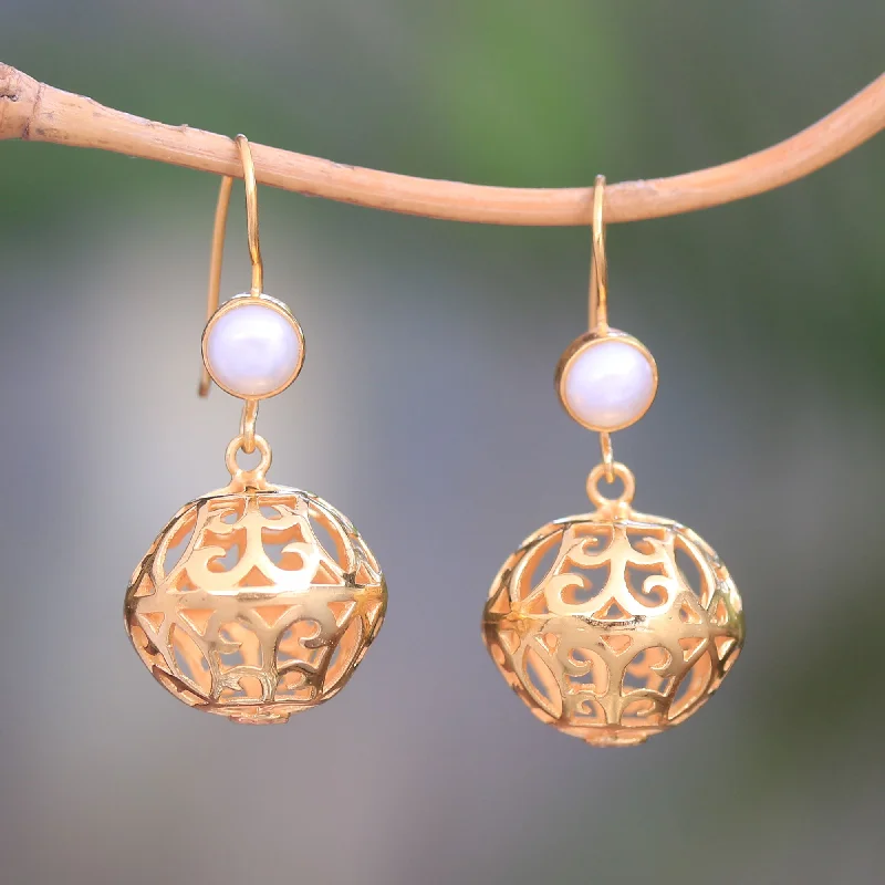 Hoop earrings with oversized pearl accents for a statement-making look-Glowing Lanterns Gold Plated Cultured Pearl Dangle Earrings from Bali