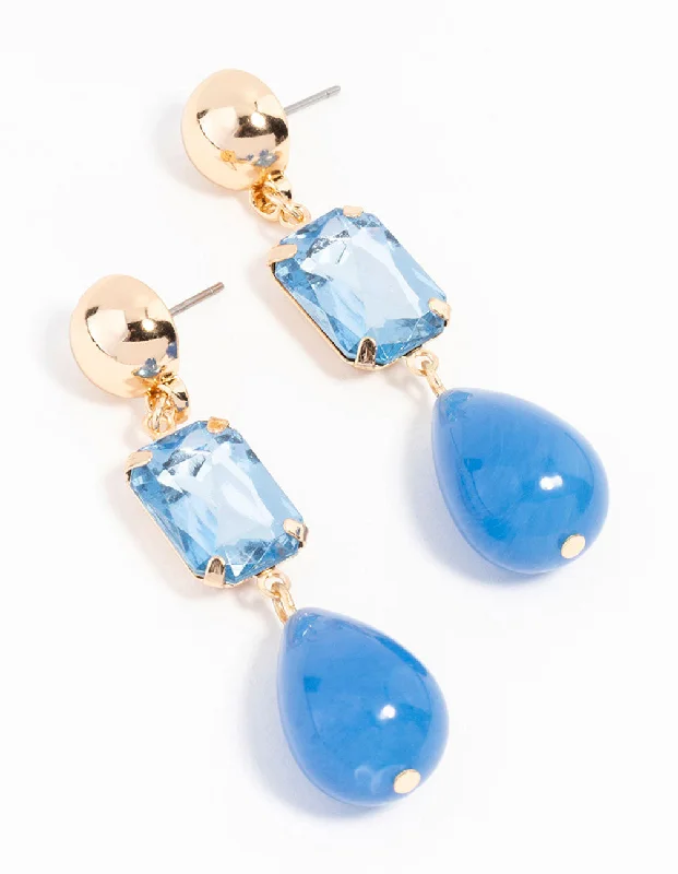 Best hoop earrings with baroque pearls for a luxurious and elegant vibe-Gold Blue Diamante Teardrop Beaded Drop Earring