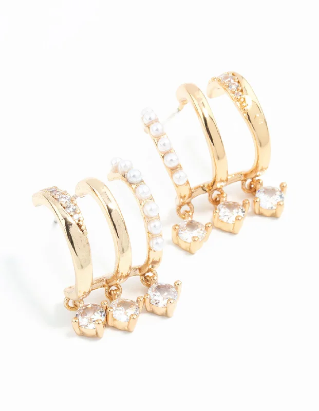 Hoop earrings with a matte black finish for a sleek, edgy vibe-Gold Plated Cubic Zirconia & Pearl Illusion Hoop Earrings