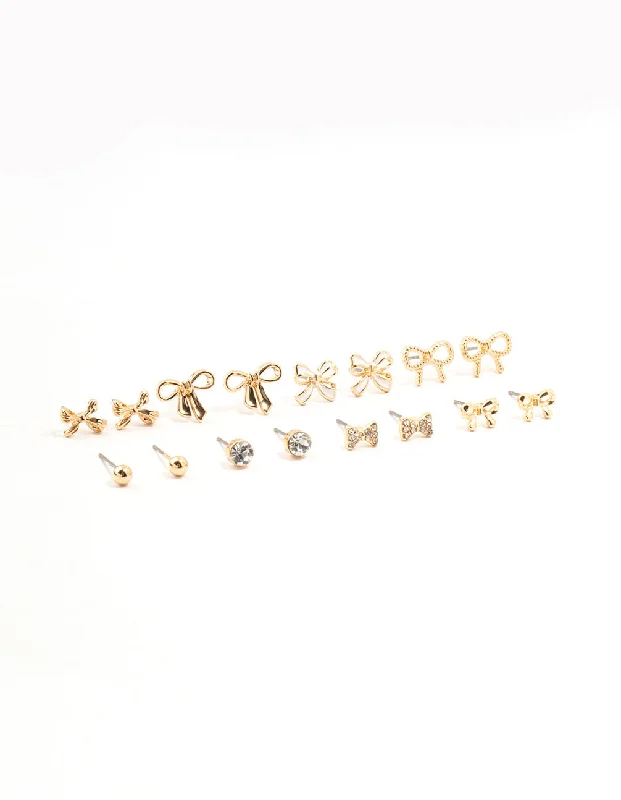 Best hoop earrings with rose gold for a romantic and warm aesthetic-Gold Diamante Mixed Bow Earrings 8-Pack