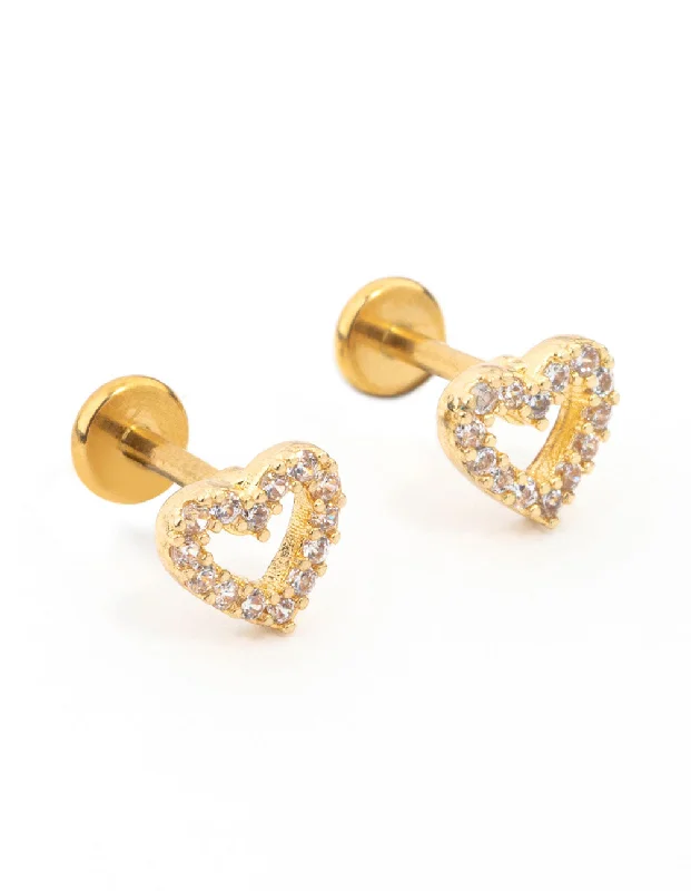 Best hoop earrings with sparkling cubic zirconia for a brilliant, budget-friendly effect-Gold Plated Surgical Steel Cubic Zirconia Open Heart Flat Back 2-Pack