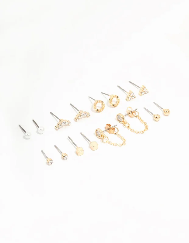 Best hoop earrings with butterfly motifs for a playful and whimsical appearance-Gold Stud & Chain Diamante Earrings 8-Pack