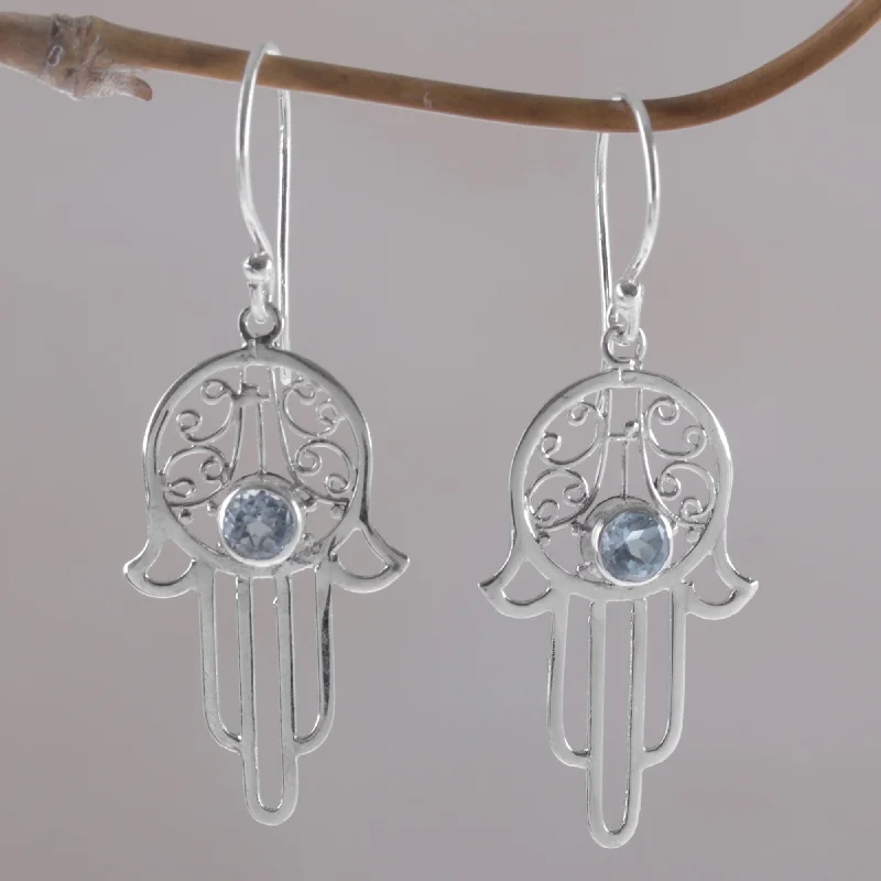 Best hoop earrings with infinity designs for a timeless and meaningful symbol-Hamsa Swirls Blue Topaz and Sterling Silver Hamsa Hand Dangle Earrings