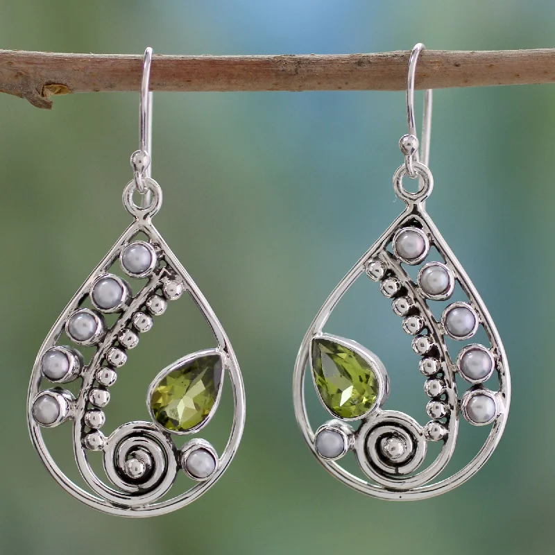 Hoop earrings with satin finishes for a smooth and elegant appearance-Inspired Paisley Pearl and Peridot Earrings Sterling Silver Jewelry