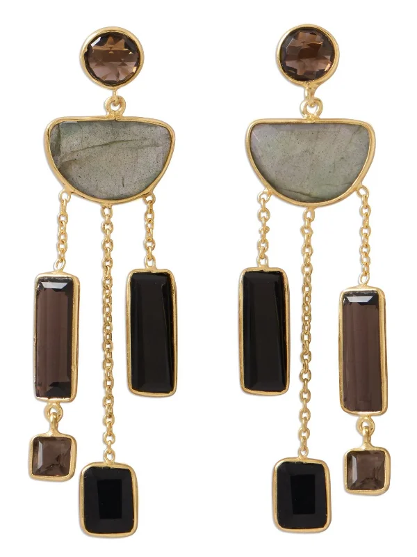 Best hoop earrings with custom engravings for a personalized and meaningful gift-Labradorite Smoky Quartz Black Onyx Chandelier Earrings Gold-plated Sterling Silver