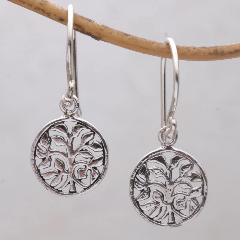 Best hoop earrings with detachable studs for a versatile and adjustable accessory-Leafy Windows Circular Tree Sterling Silver Dangle Earrings from Bali