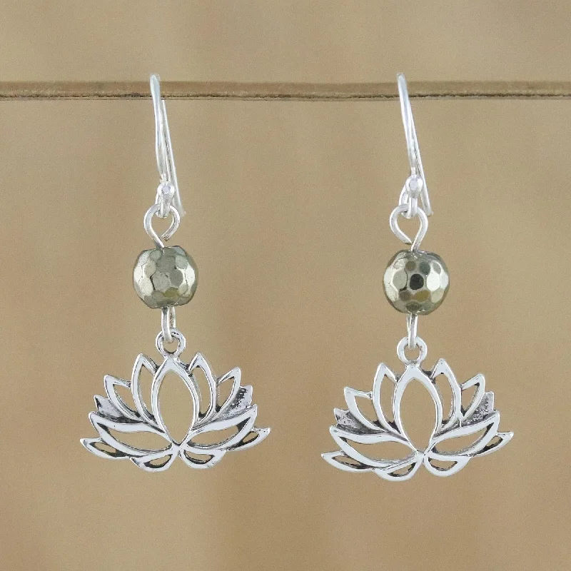 Best hoop earrings with matte finish for a sophisticated, understated design-Lotus Gleam Pyrite and Sterling Silver Lotus Dangle Earrings