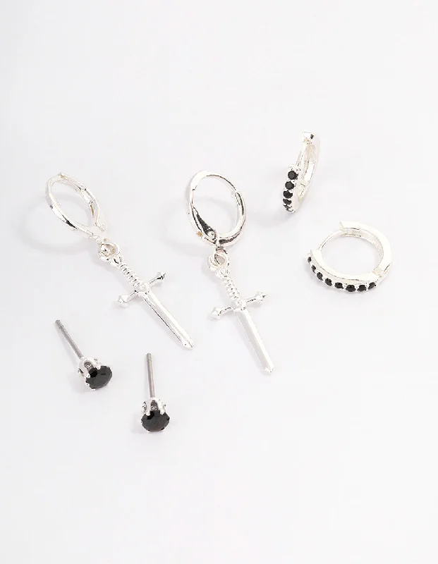 Hoop earrings with abstract shapes for an artistic and creative touch-Silver Plated Cubic Zirconia Dagger Huggie Earrings Pack