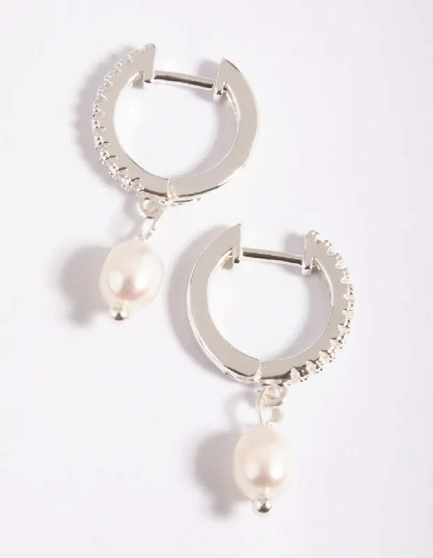 Hoop earrings with spiral designs for a dynamic and fluid look-Silver Plated Cubic Zirconia Pearl Huggie Hoop Earrings