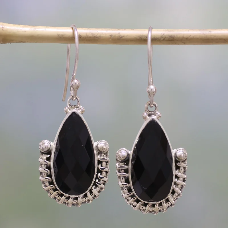 Hoop earrings with dangling charms for a playful and fun look-Magical Night Handmade Onyx and Sterling Silver Dangle Earrings from India