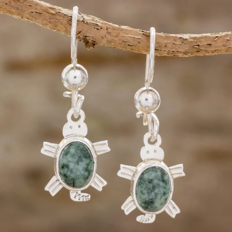 Hoop earrings with intricate designs for a unique and artistic appearance-Marine Turtles in Green Green Turtle-Themed Jade Dangle Earrings form Guatemala