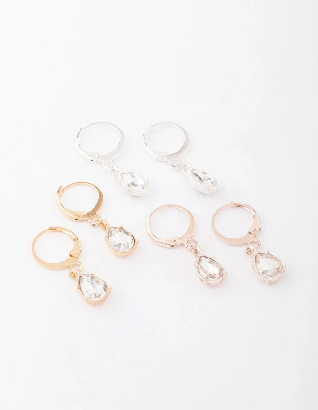 Best hoop earrings with rose gold for a romantic and warm aesthetic-Mixed Metal Drop Pear Diamante Huggie Earring 3-Pack