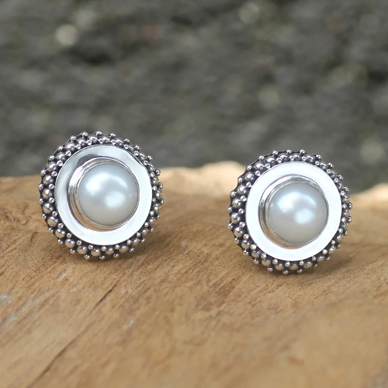 Hoop earrings with enamel stripes for a colorful and eye-catching design-Moonlight Halo Handcrafted Sterling Silver and Pearl Button Earrings