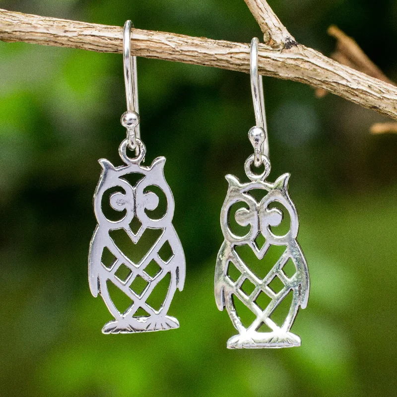 Best hoop earrings with hammered gold for a rustic yet elegant look-Petite Owl Animal Themed Openwork Sterling Silver Earrings