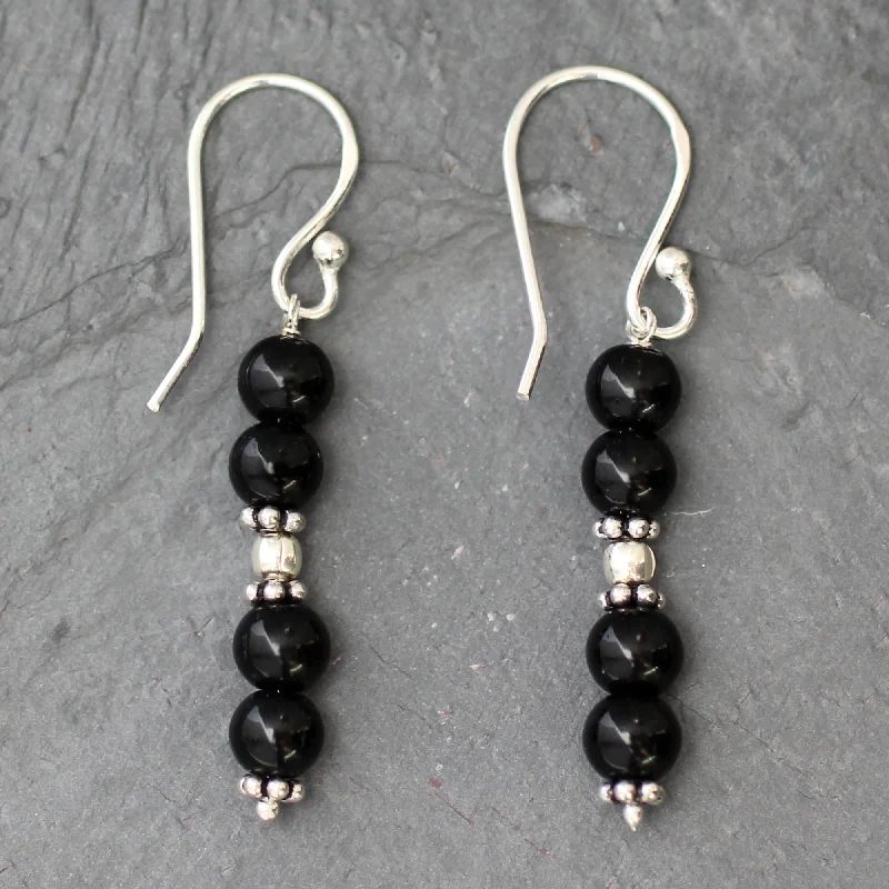 Best hoop earrings with textured silver for a rustic and organic finish-Pillars of Night Onyx dangle earrings