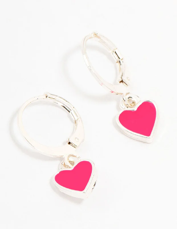 Small hoop earrings for a delicate and understated everyday wear-Pink Silver Drop Heart Huggie Earrings