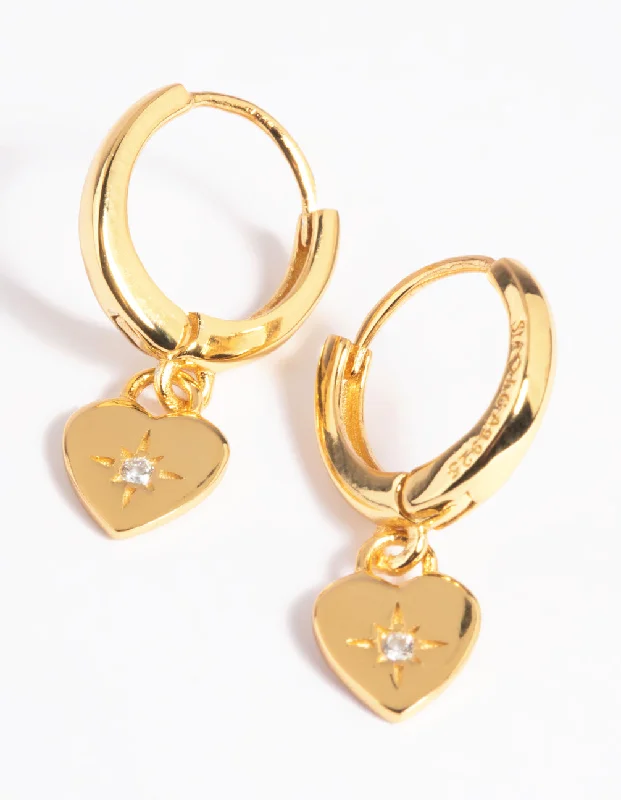 Best hoop earrings with geometric hexagon shapes for a modern, angular look-Gold Plated Sterling Silver Heart Diamante Huggie Hoop Earrings