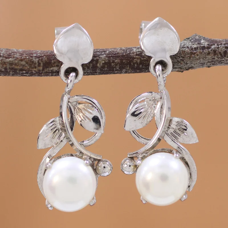 Best hoop earrings with vintage-style detailing for a nostalgic and timeless look-Purity Vines Rhodium Plated Cultured Pearl Dangle Earrings from India