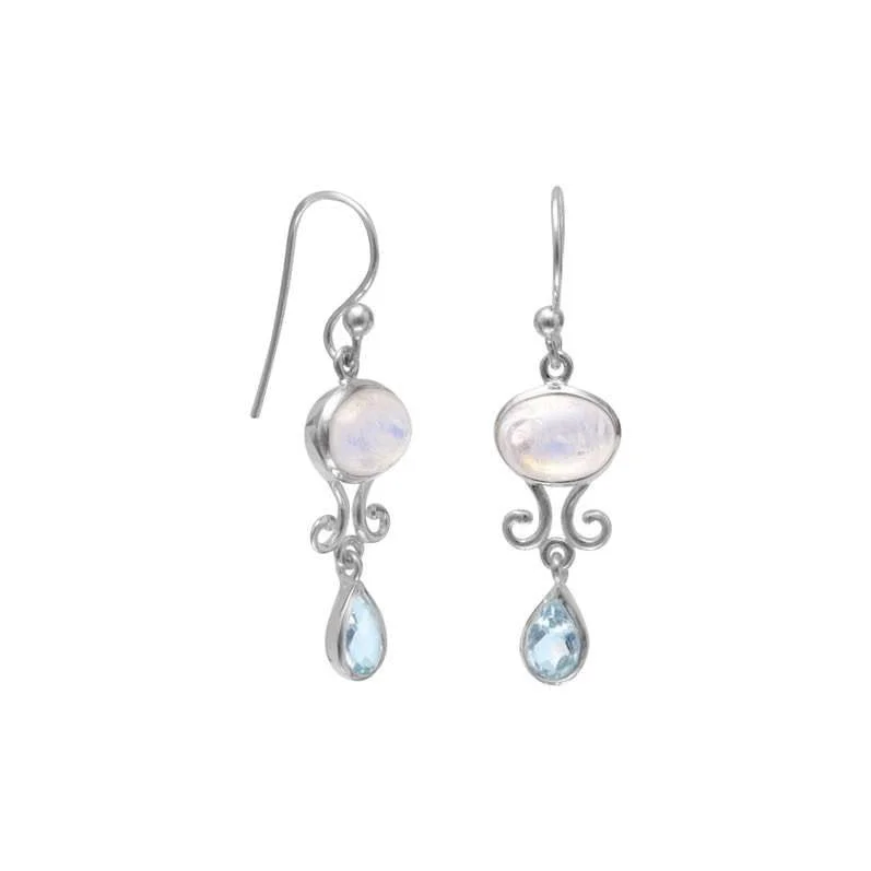 Best hoop earrings with infinity designs for a timeless and meaningful symbol-Rainbow Moonstone and Blue Topaz Earrings Sterling Silver Scroll Design