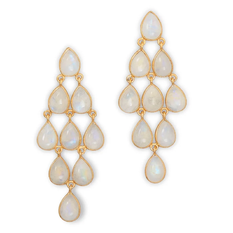 Hoop earrings with oversized designs for a bold, fashion-forward statement-Rainbow Moonstone Chandelier Earrings Gold-plated Sterling Silver Teardrop