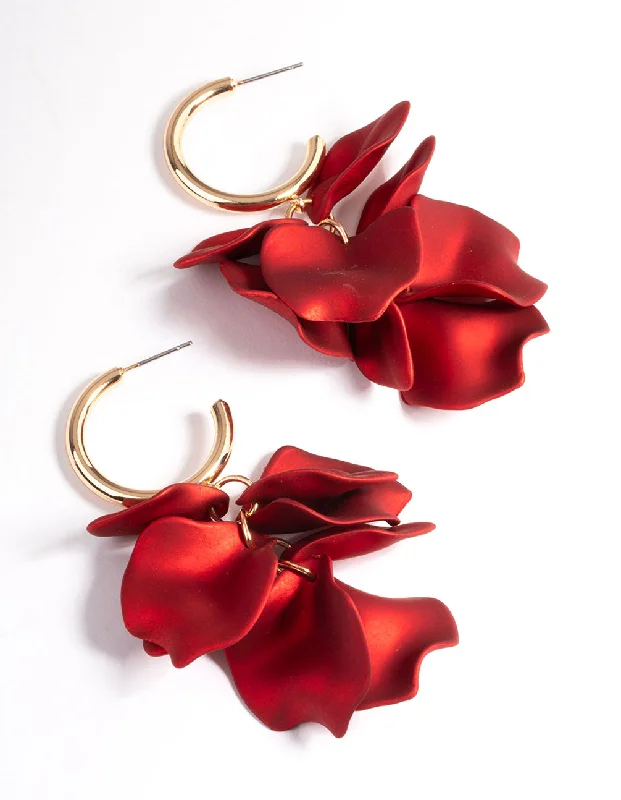 Hoop earrings with dangling charms for a playful and fun look-Red Coated Petal Huggie Earrings