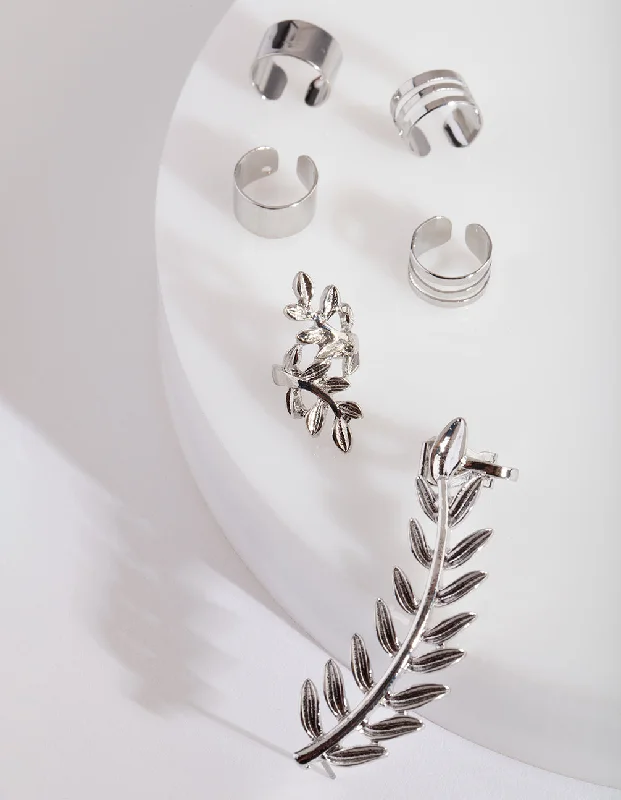 Medium hoop earrings for an everyday look with the perfect balance of style-Rhodium Leaf Ear Stack