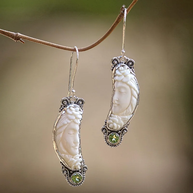 Hoop earrings with textured gold for a refined and sophisticated aesthetic-Rose Queen Peridot and Bone Sterling Silver Dangle Earrings