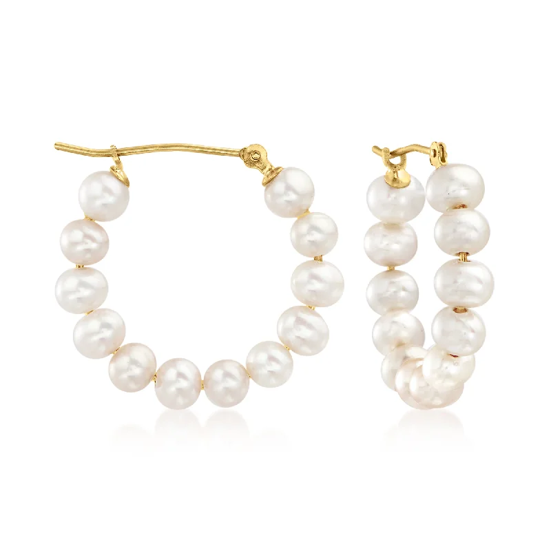 Hoop earrings with luxe velvet finishes for a rich and luxurious touch-Ross-Simons 4-5mm Cultured Pearl Hoop Earrings in 14kt Yellow Gold