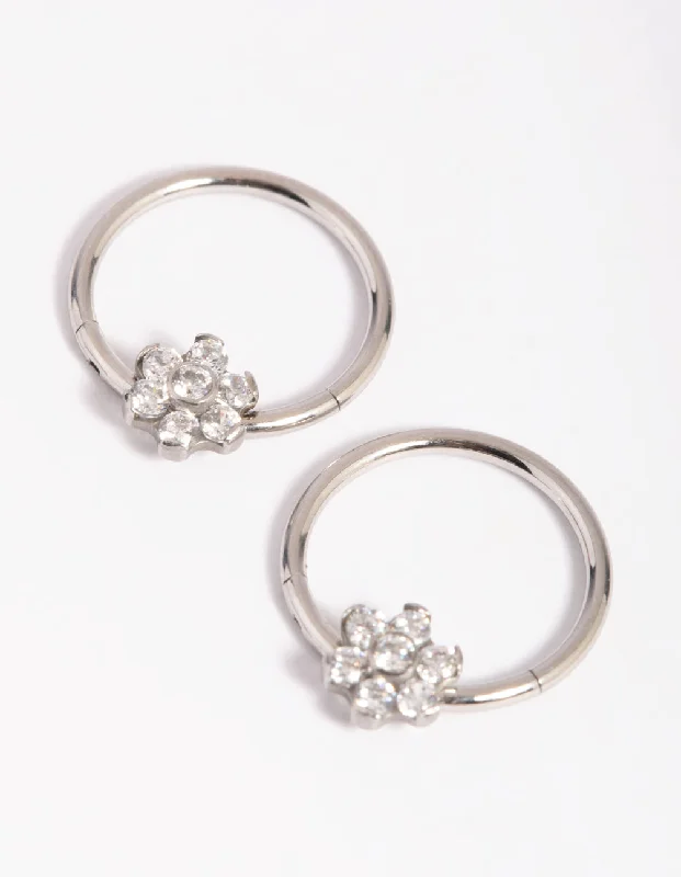 Hoop earrings with rhinestone embellishments for a glamorous and sparkling look-Surgical Steel Flower Hoop Earrings