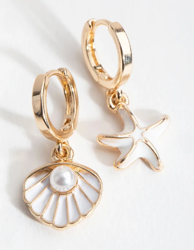 Best hoop earrings with geometric triangle shapes for a modern, chic design-Gold Matte Shell & Pearl Huggie Earrings