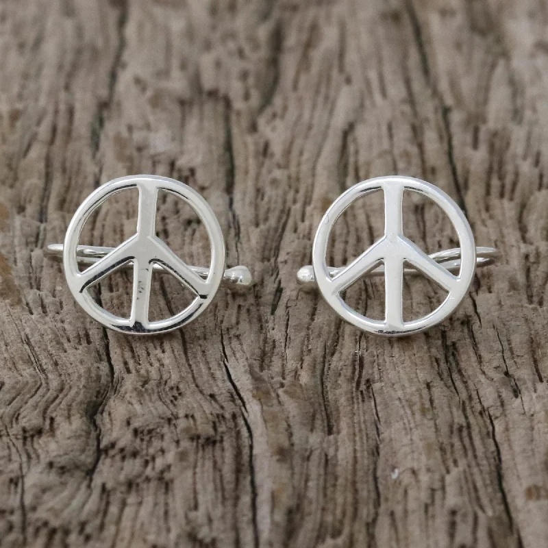 Hoop earrings with resin accents for a bold and colorful design-Shimmering Peace Sterling Silver Peace Sign Ear Cuffs from Thailand