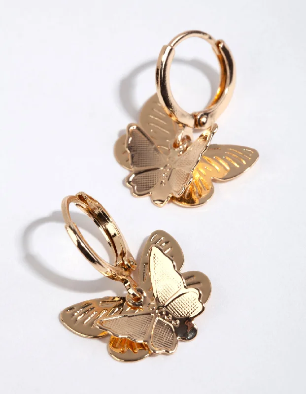 Hoop earrings with crescent moon shapes for a celestial and mystical appearance-Gold Double Butterfly Stamp Huggie Earrings