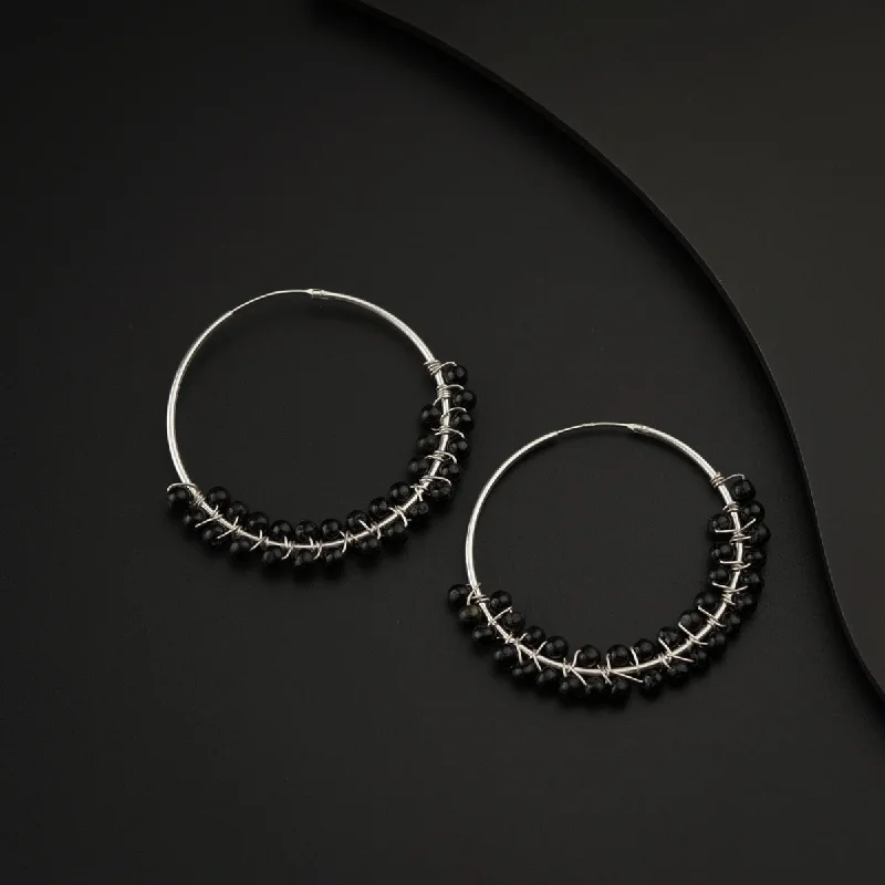 Hoop earrings with textured gold for a refined and sophisticated aesthetic-Silver Black Bead Hoops