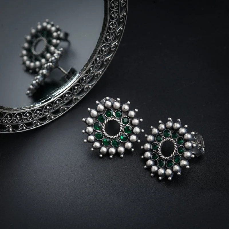 Hoop earrings with polished silver finish for a shiny, modern appeal-Chakra - Karwar Studs (Green)