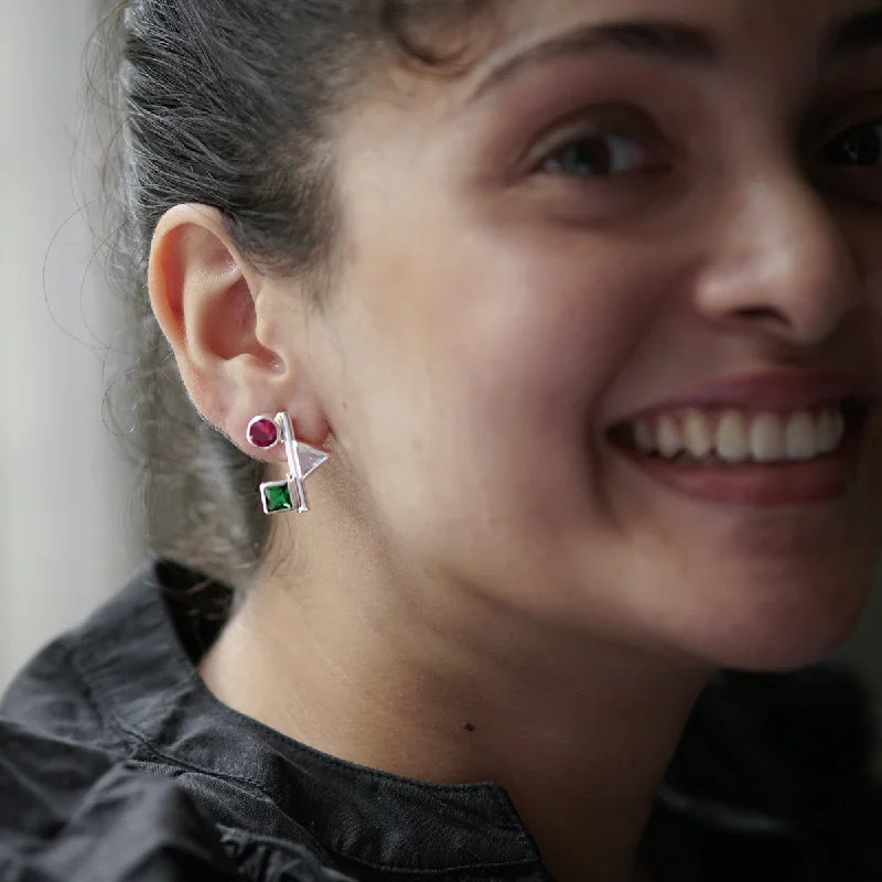 Hoop earrings with rhinestone-studded rims for a glamorous touch-Silver Geometric CZ Stones Earring