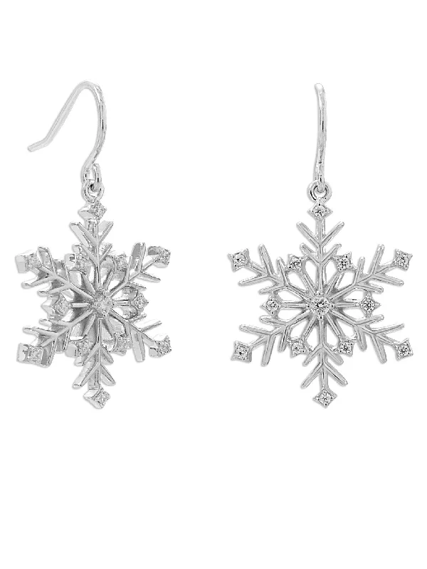 Hoop earrings with polished silver finish for a shiny, modern appeal-Snowflake Dangle Earrings Cubic Zirconia Stones Rhodium on Sterling Silver