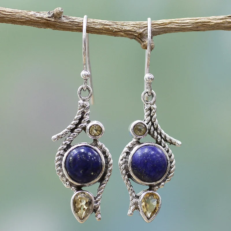 Hoop earrings with polished silver finish for a shiny, modern appeal-Starry Bliss Lapis Lazuli Citrine Sterling Silver Dangle Earrings India