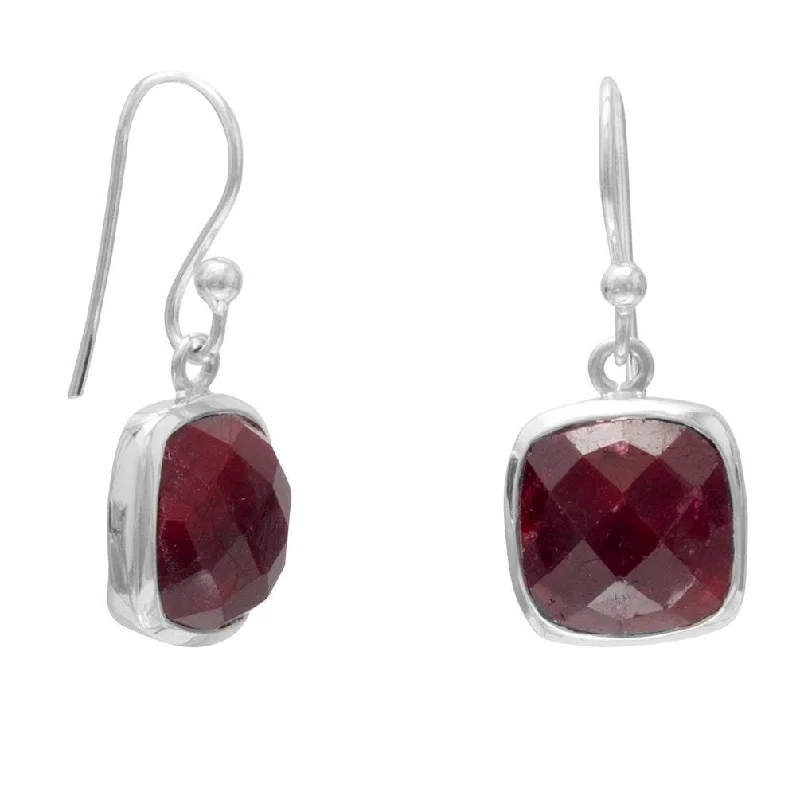 Hoop earrings with resin accents for a bold and colorful design-Sterling Silver and Dyed Red Corundum Square Dangle Earrings