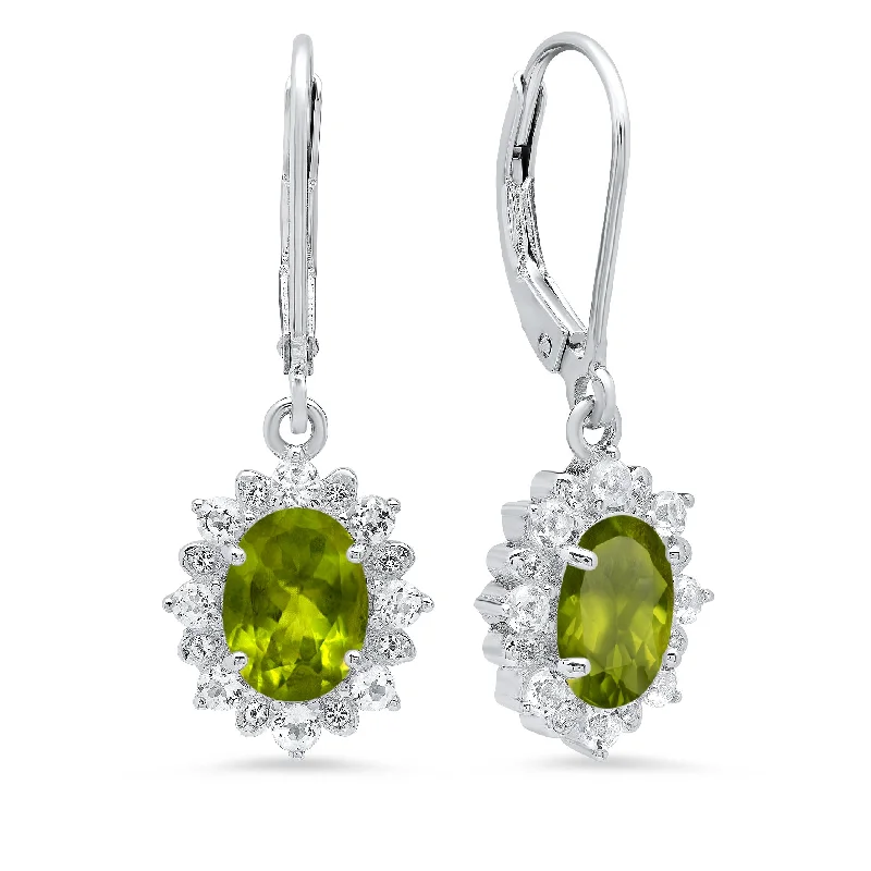 Hoop earrings with a matte finish for a sleek and sophisticated appearance-Sterling Silver Halo Sunburst Oval Peridot Leverback Earrings (8x6mm)