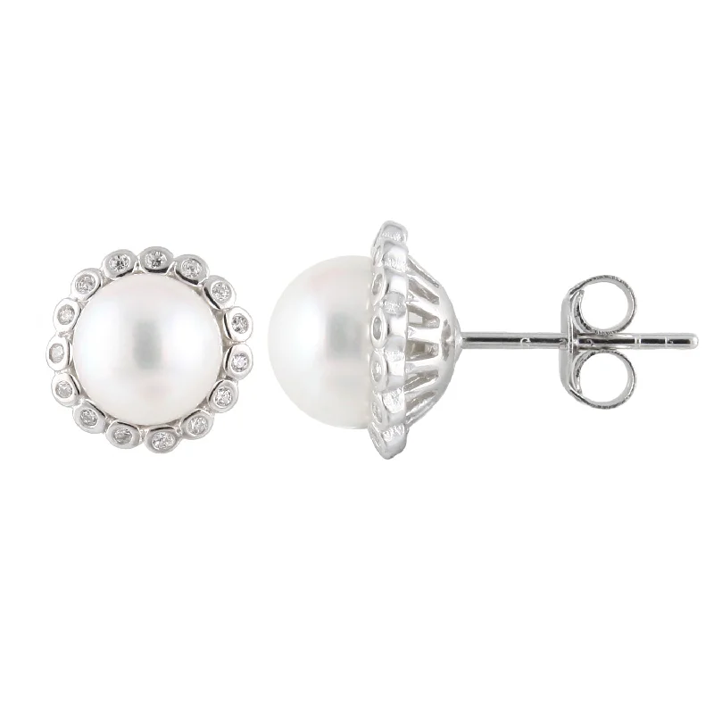 Hoop earrings with floral motifs for a feminine and nature-inspired look-Sterling Silver Halo 7-7.5mm Freshwater Pearl Studs