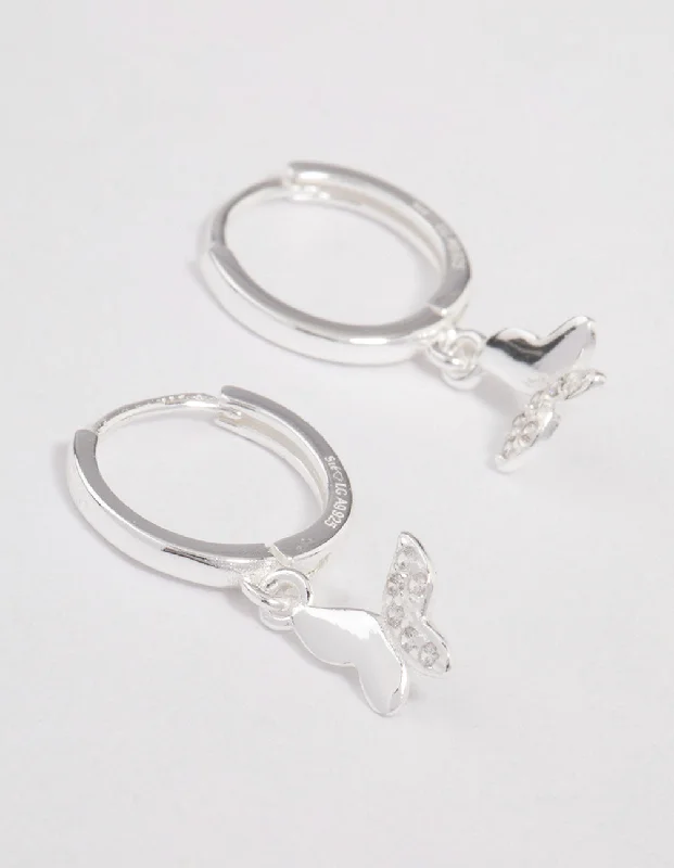 Hoop earrings with leather accents for a sleek and bold combination-Sterling Silver Diamante Butterfly Huggie Earrings