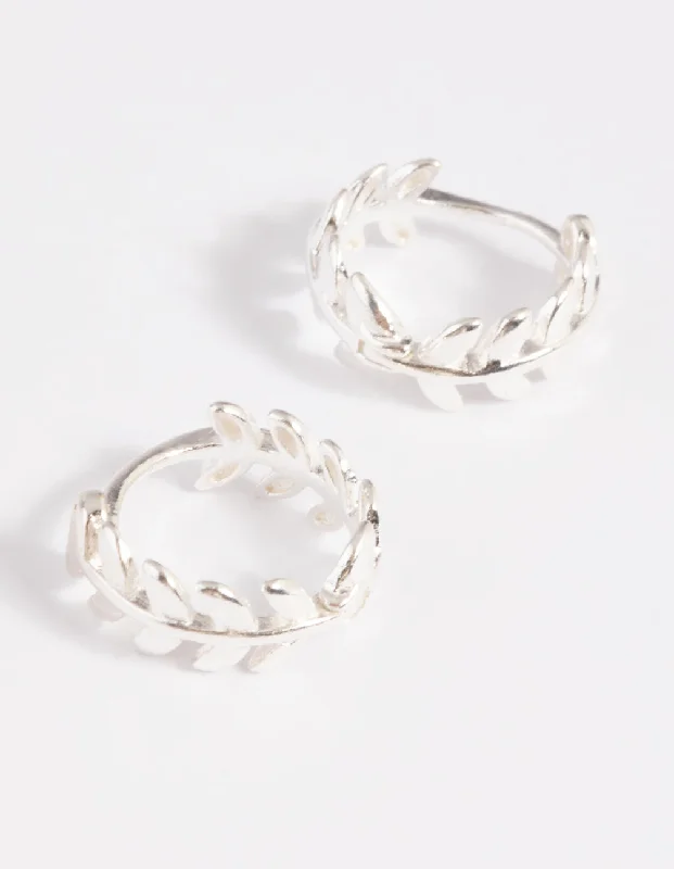 Stylish hoop earrings with diamond accents for an elegant and sparkling effect-Sterling Silver Leaf Huggie Hoop Earrings