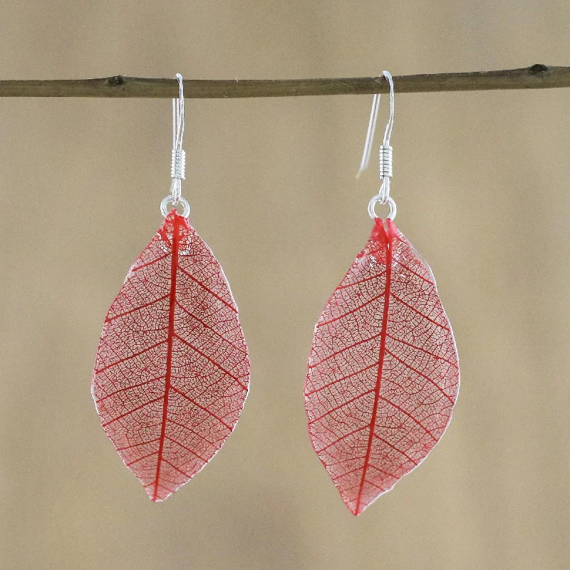 Best hoop earrings with cubic zirconia for a budget-friendly, dazzling look-Stunning Nature in Crimson Natural Leaf Dangle Earrings in Crimson from Thailand